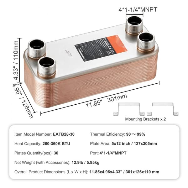Pladevarmeveksler 30, 4*1-1/4 MNPT-porte, 5x12, 316L rustfrit stål, lodet, effektiv varmeoverførsel.