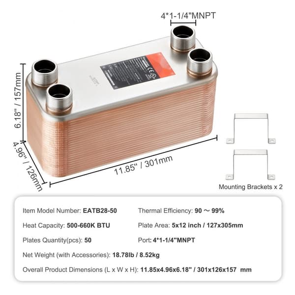 Pladevarmeveksler 50 - 4x1-1/4” MNPT-porte, 5x12” Lodet, 316L Rustfrit Stål, Høj Kvalitet, Effektiv Varmeoverførsel