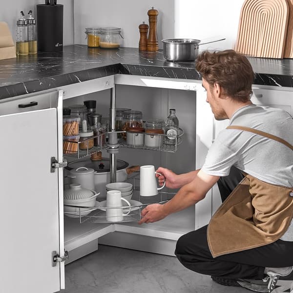 Kromikulmajärjestäjä 2-kerroksinen munuaisenmuotoinen, Lazy Susan -kaapinjärjestäjä, käytännöllinen ja tyylikäs säilytysratkaisu
