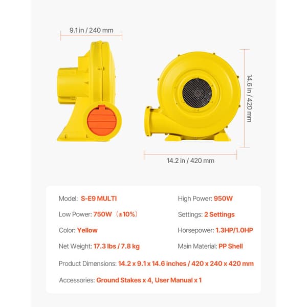 Uppblåsbar Blower 950W 1,2 & 1,3 HP för hoppborgar, tyst, kraftfull, energieffektiv för uthyrning och evenemang