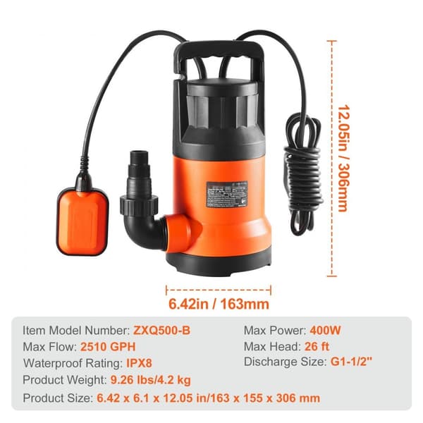 Dykpumpe, sump pumpe 400W, 2510 GPH, 26 fod hoved, høj kapacitet, effektiv vandpumpe til udledning.
