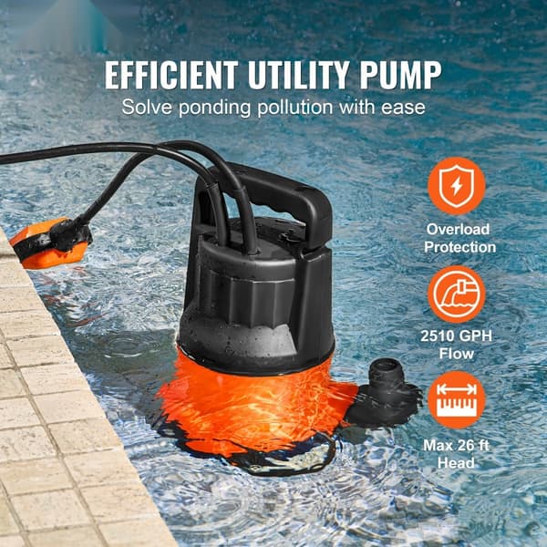 Dykpumpe, sump pumpe 400W, 2510 GPH, 26 fod hoved, høj kapacitet, effektiv vandpumpe til udledning.