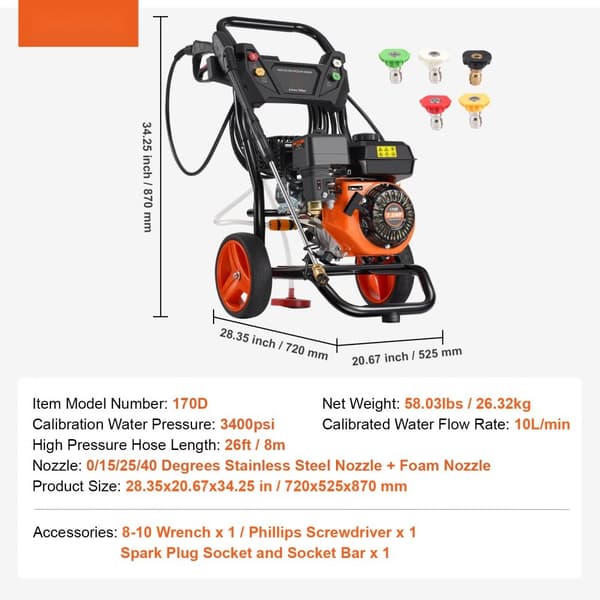 Gas højtryksrenser 3400 PSI, 2,6 GPM, 5 dysesæt, lodret, effektiv rengøring til biler, let at bruge, høj ydeevne.
