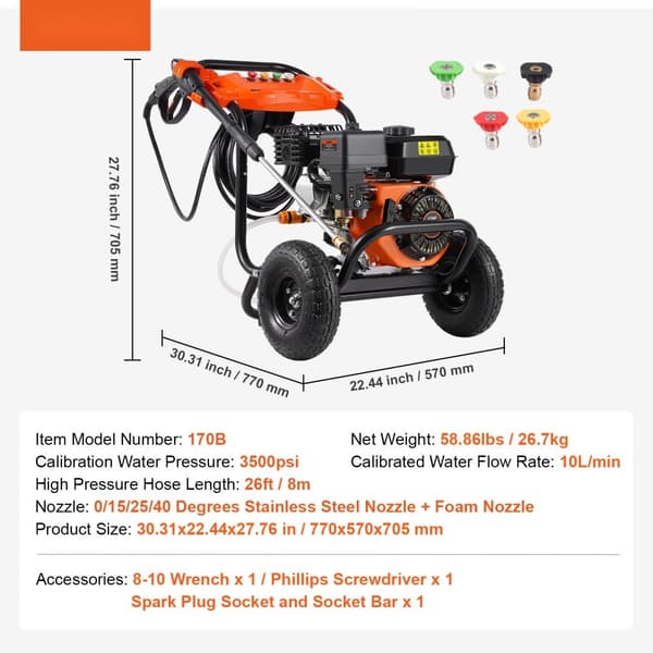 Gastruckstvätt 3500 PSI, 10L/min, 2,6 GPM, 5 munstycken, bärbar högtryckstvätt för effektiv bilrengöring