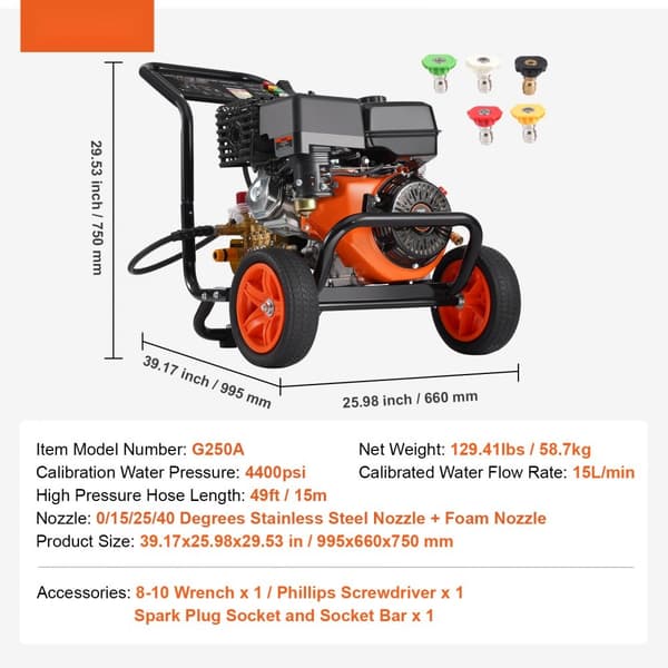 Gastruckstvätt 4400 PSI, 15L/min, högtryckstvätt, effektiv rengöring, 5 munstycken, kraftfull motor, perfekt för professionell användning