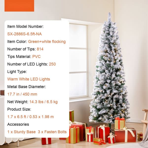 Juletræ 6,5 fod Prelit Flocked med 250 LED-lys, 814 Tips, Flot Design, Energisparende Belysning, Perfekt til Jul.