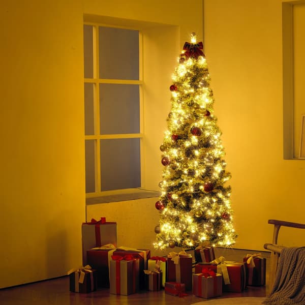 Juletræ 6,5 fod Prelit Flocked med 250 LED-lys, 814 Tips, Flot Design, Energisparende Belysning, Perfekt til Jul.