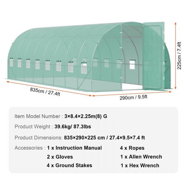 Gang-tunnel drivhus 27,38x9,5x7,38ft, galvaniseret ramme, PE cover, holdbar, velegnet til planter, hurtig opsætning.