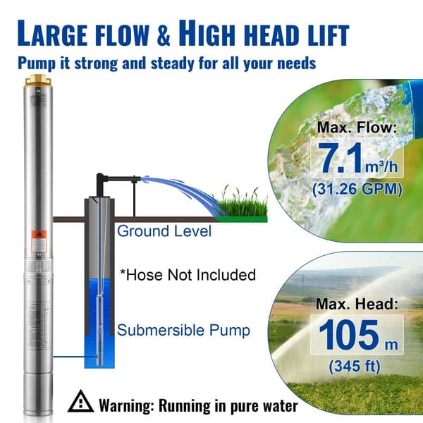 1100W Uppovesipumppu, ruostumatonta terästä, 7,1 m³/h, 105 m, tehokas vesipumppu, pitkäikäinen ja kestävä