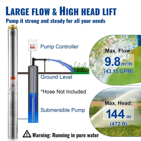 Dränkbar pump i rostfritt stål, 2200W, 9,8 m³/h, 144 m tryck, effektiv och hållbar vattenpump för brunn och trädgård