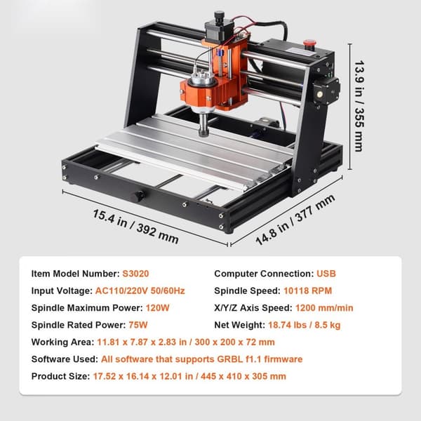 CNC-fräsmaskin 300x200x72mm, 120W graveringsmaskin, 3-axlig GRBL, träakryl-MDF-PVC-gravering, offlinekontroll, 1200RPM