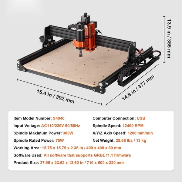 CNC-fræsermaskine 400x400mm, 300W, 3-akset GRBL-kontrol, træ- og akrylgravering, 1200RPM, offline-controller, all-in-one skæresæt