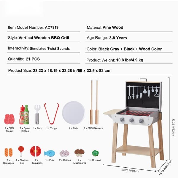 21 STK Børne BBQ Grill Legesæt, Træ Legetøj, Madlavning og Grill, Sjovt og Uddannelsesmæssigt, Lydfunktion for Børns Leg.