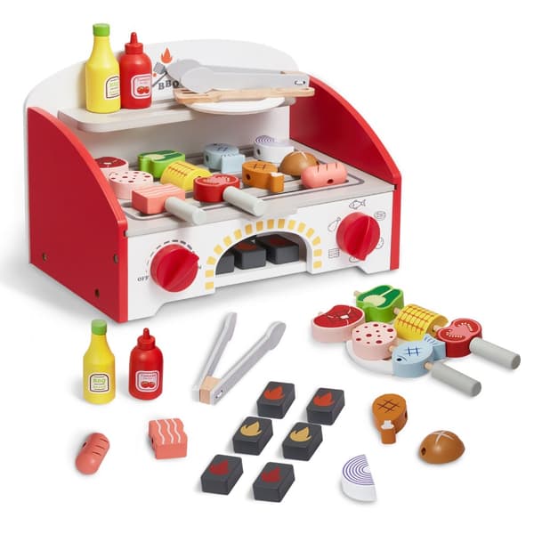 Barn BBQ Grill Leksaksset 26 ST, Trä Matlagning, Låtsas Ljud, Utomhuslek, Kreativ Lek, Familjeaktiviteter