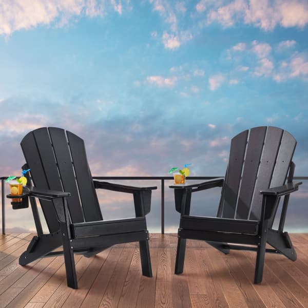Adirondack Stol Set med 2, Fällbara Väderbeständiga Stolar, Svart, Perfekt för Uteplats och Trädgård