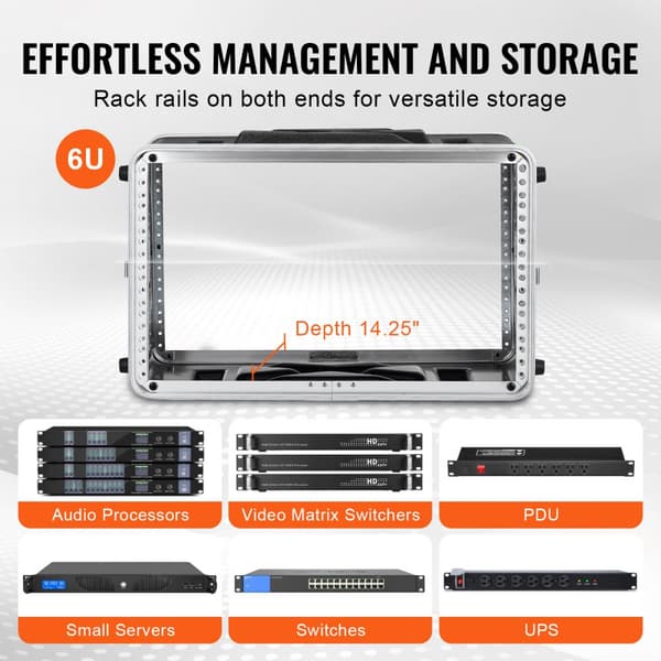 6U Rack Case Server Rack kabinet, 14 cm dyb, robust ABS konstruktion, bærbare håndtag, ideel til serveropsætning.
