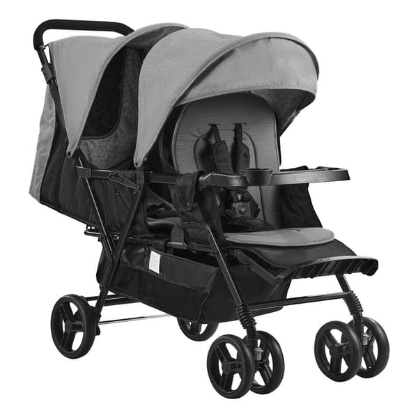 Hopfällbar Dubbelvagn Twin Tandem Barnvagn, Lätt och Praktisk, Mörkgrå, Kompakt Design, Enkel Att Använda