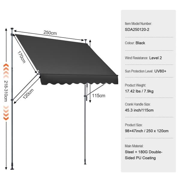 Infällbar altanmarkis 98x47, Sunsetter med vev, justerbart tak, effektiv solskydd för uteplats och balkong
