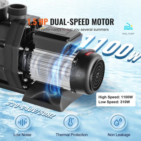 Svømmebassinpumpe 1,5 HK 1100 W, overjordisk poolpumpe, dobbelthastighed, maks. flow 27800 L/H, 220V-240V, spabade og kunstvanding