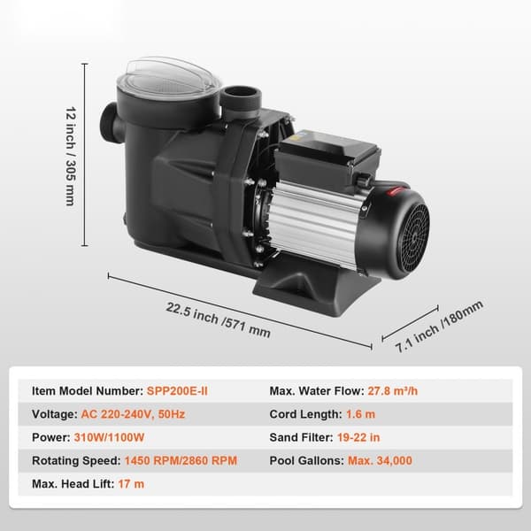 Svømmebassinpumpe 1,5 HK 1100 W, overjordisk poolpumpe, dobbelthastighed, maks. flow 27800 L/H, 220V-240V, spabade og kunstvanding