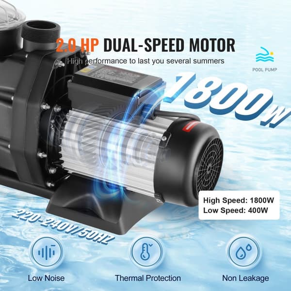 Simningspoolpump 2HP dubbelhastighet 1800W, maxflöde 33000L/H, 220V-240V, 1450/2860RPM för pooler, spa och bevattning