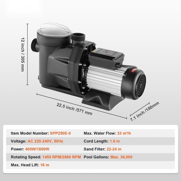 Simningspoolpump 2HP dubbelhastighet 1800W, maxflöde 33000L/H, 220V-240V, 1450/2860RPM för pooler, spa och bevattning
