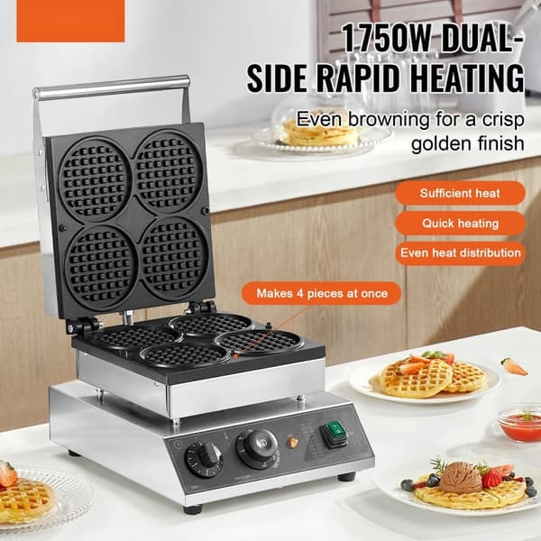 Våffelmaskin 4ST, Kommersiell Rund, 1750W, Non-stick, Snabb uppvärmning, Långvarig hållbarhet, Enkel rengöring