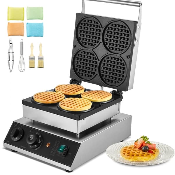 4 STK Kommerciel Rund Vaffelmaskine, 1750W Non-Stick, Hurtig Opvarmning, Perfekt til Caféer & Bagerier