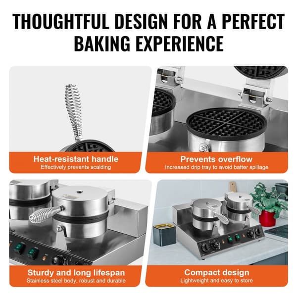 Kommersiellt våffeljärn med dubbla huvuden 2460W, non-stick, professionell hushållsapparat för krispiga våfflor, snabb uppvärmning