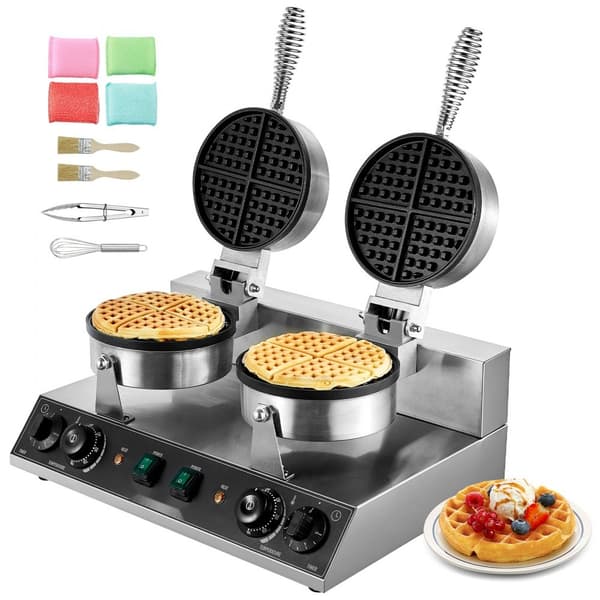 Kommerciel vaffelmaskine 2 hoveder, rund vaffeljern 2460W, non-stick, hurtig opvarmning, perfekt til bageri og cafe.