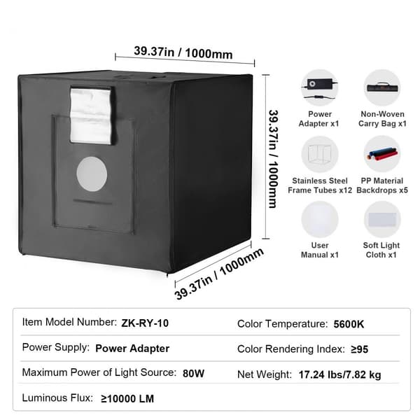 Fotostudio Lysboks 39 x 39, 5600K, 210 LED-lys, strømadapter, professionelt lys til produktfotografi, nem opsætning.