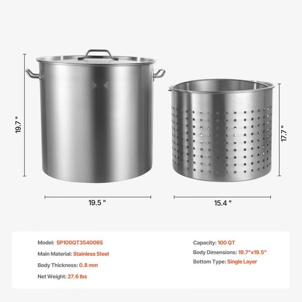 100QT Gryta i rostfritt stål, Matlagningskärl med korglock, Stort kapacitet för gröt och soppor, Hållbar och enkel att rengöra