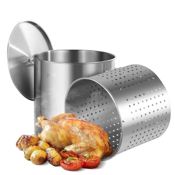 100QT rustfrit stålvaregryde med kurvlåg, perfekt til saucer, gryderetter, og store portioner – ideel til køkkenet.