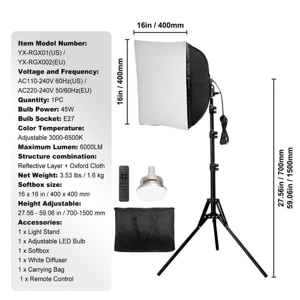 Softbox Valaistussarja 16x16 Tuumaa, 3000-6500K, säädettävä, kuvausvalaistus, nopea asennus, ammattitason valaistusratkaisu