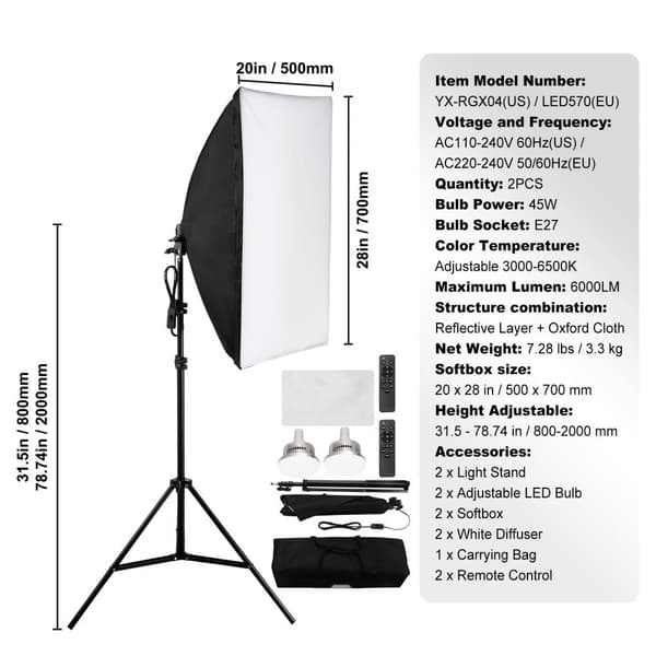 Softbox-valaistussarja 20x28 tuumaa, 45W LED-lamput 3000-6500K, ammattimainen valokuvaustarvike, valaistuksen säädettävyys
