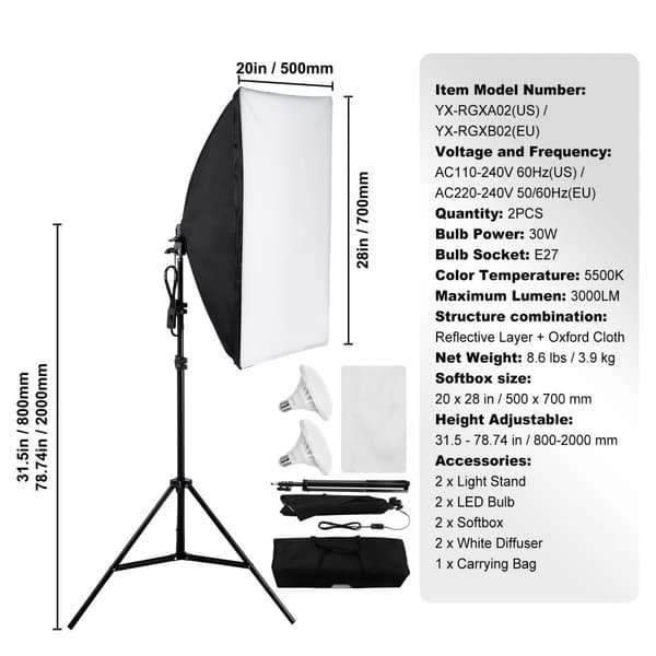 Softbox-valaistussarja 20 x 28 tuumaa, 30W LED-lamput, säädettävä jalusta, valaistustarvikkeet valokuvaamiseen