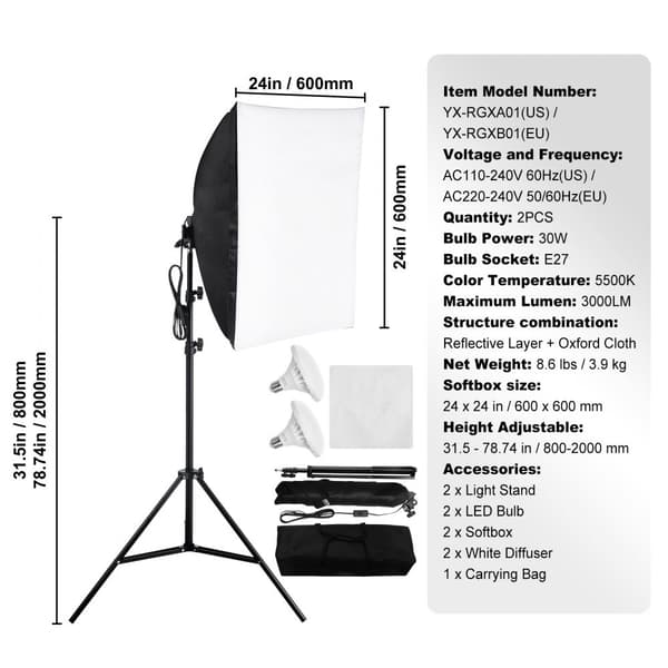 Softbox-belysningskit 24x24 tum, 30W LED-lampor, justerbart stativ för professionell fotografering och videoproduktion, 5500K
