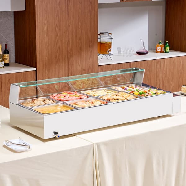 Kommersiell elektrisk matvärmare 8*8Qt, bänkskiva buffé med glasskydd, effektiv värme, temperaturkontroll för restauranger, catering
