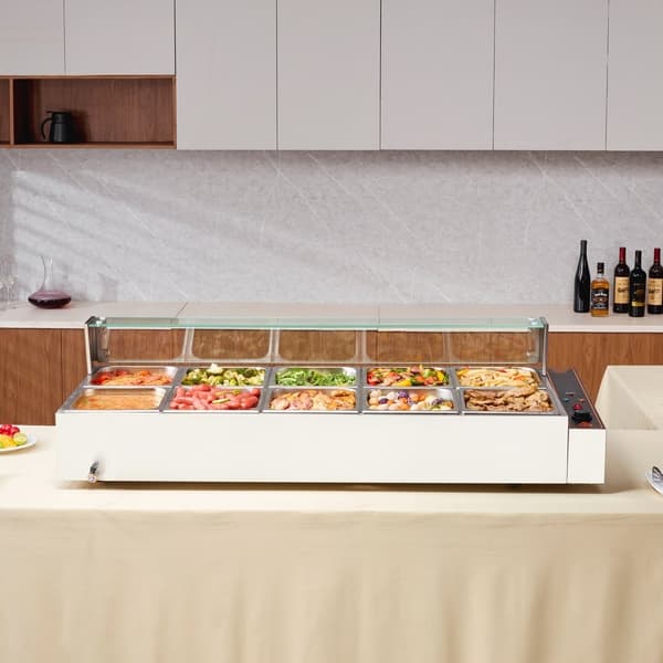 Kommerciel elektrisk madvarmer bordplade buffet 10x8Qt, glasbeskyttelse, effektiv varmefordeling, ideel til arrangementer.