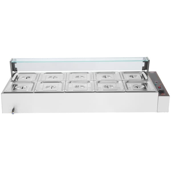 Kommerciel elektrisk madvarmer bordplade buffet 10x8Qt, glasbeskyttelse, effektiv varmefordeling, ideel til arrangementer.