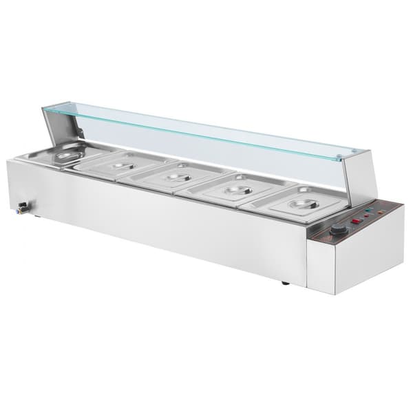 Kommerciel elektrisk madvarmer 5x8Qt, bordpladebuffet, glasafdækning, ideel til catering og fest, hurtig opvarmning.