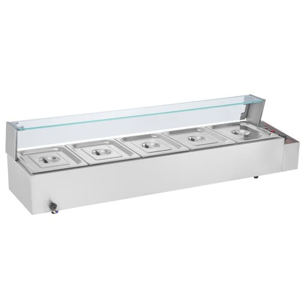 Kommerciel elektrisk madvarmer 5x8Qt, bordpladebuffet, glasafdækning, ideel til catering og fest, hurtig opvarmning.
