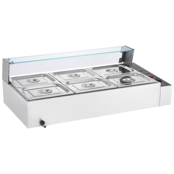 Kommerciel elektrisk madvarmer 6*8Qt, bordpladebuffet med glasafdækning, ideel til fest og catering.