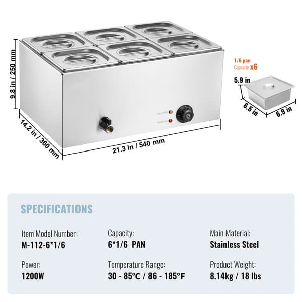 Kommerciel Elektrisk Madvarmer 6-Pande, Bordplade Buffet 13,5L, Bain Marie, Hurtig Opvarmning, Ideel til Catering.