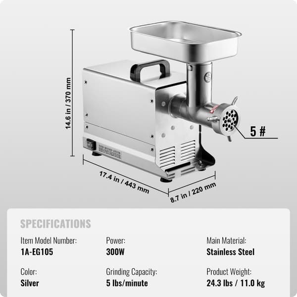Kommerciel elektrisk kødkværn 5 Lbs/min, pølsestopper, køkkenmaskine, effektiv madlavning, robust design.