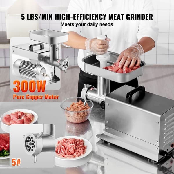 Kommerciel elektrisk kødkværn 5 Lbs/min, pølsestopper, køkkenmaskine, effektiv madlavning, robust design.
