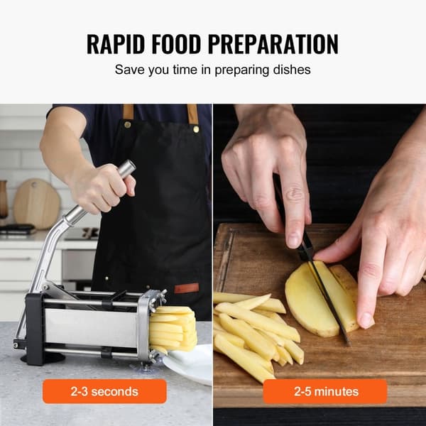 Pommes frites-skärmaskin i rostfritt stål, potatis- och grönsaksskärare med 2 blad, effektiv hackare för perfekta pommes frites