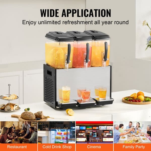Kommerciel drikkevaredispenser 12L x 3 tanke, kold juice og isdrik, hurtig servering, ideel til café og fest.