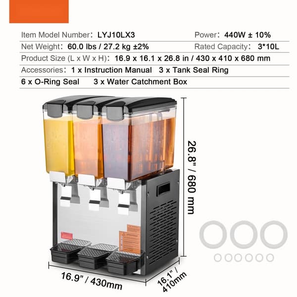 Kommerciel drikkevare-dispenser 10L, 3 tanke, kold juice, drikkevare-dispenser med høj kapacitet.