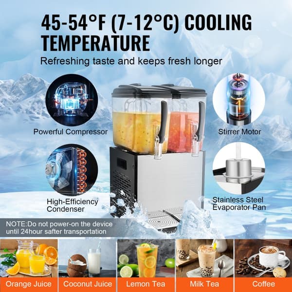 Kommerciel drikkevaredispenser 12L x 2 tanke, kold juice og isdrik, hurtig distribuation, ideel til fest og arrangementer.